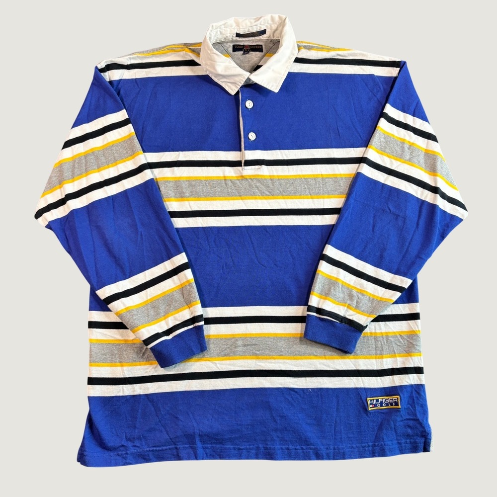 Tommy Hilfiger Mens Rugby Polo XL Blue Cotton Striped LS Golf Shirt Collegiate